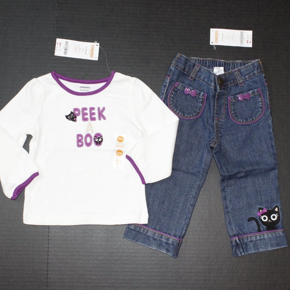 NWT Gymboree 12-18M top jeans set Purrfectly Fabulous black cat
